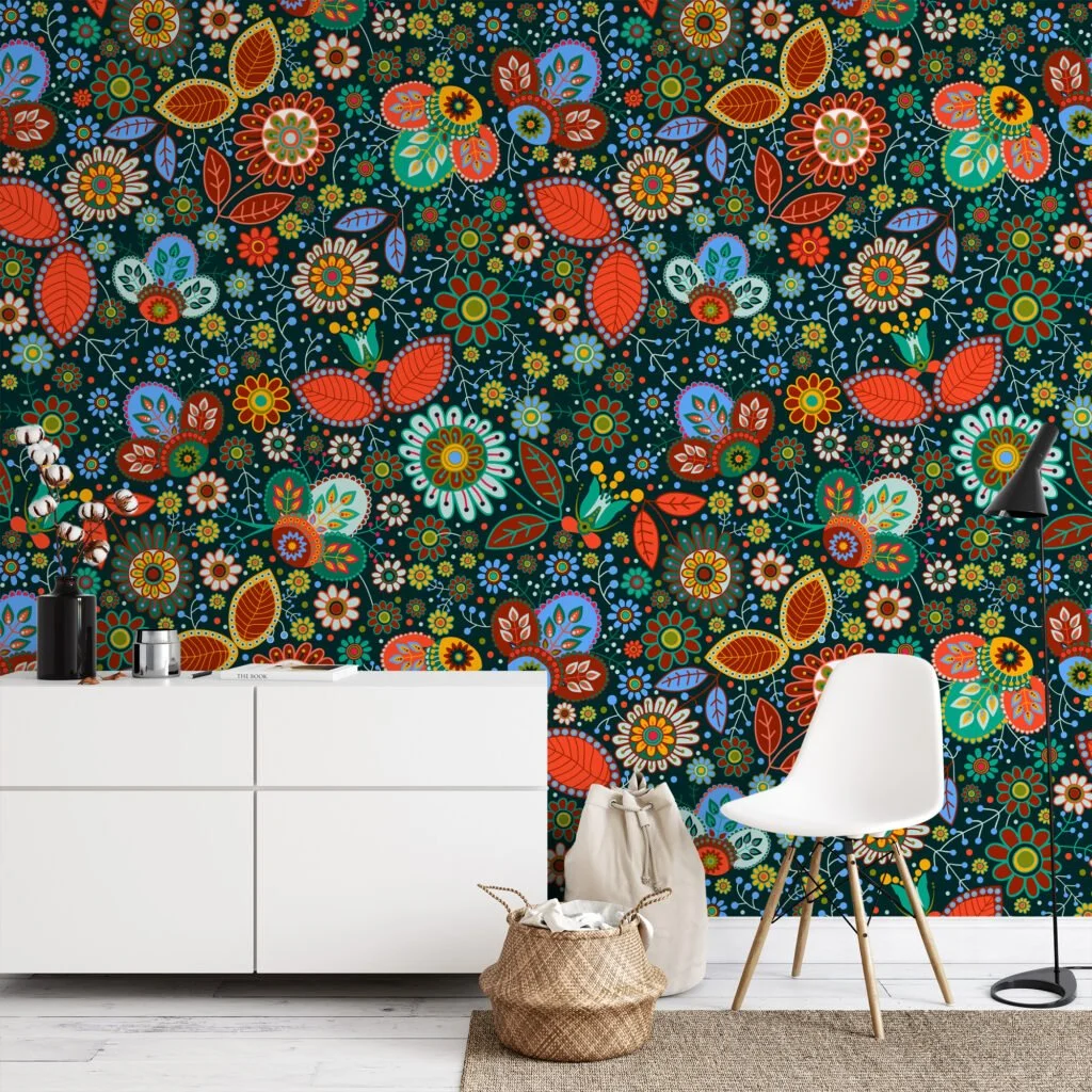 Colorful Flowers in Traditional Style Wallpaper - Floral Illustration with Multiple Colors and Textures Wall Mural