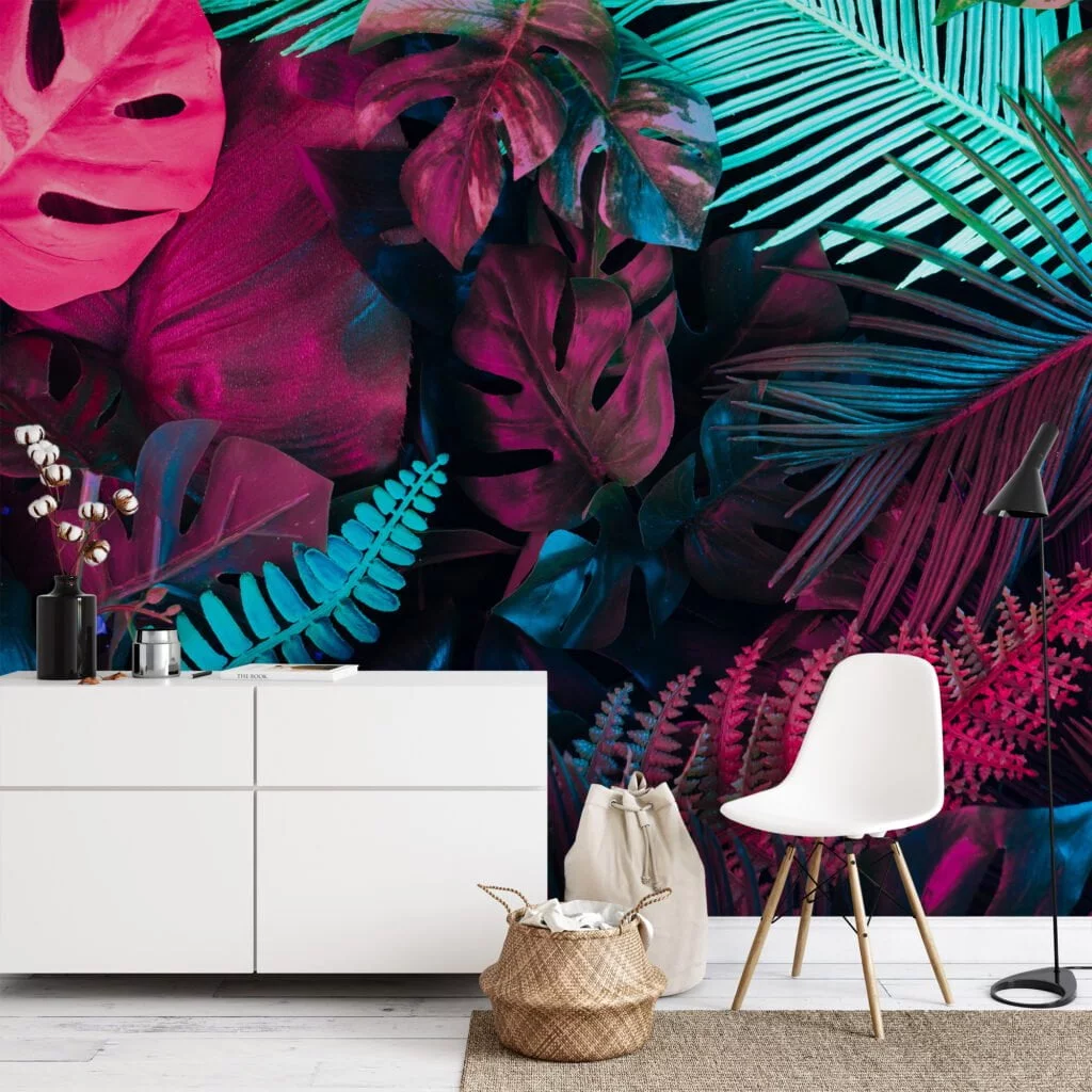 Vibrant Neon Pink and Blue Tropical Leaves - Self-Adhesive Peel and Stick Monstera Leaf Wallpaper to Brighten Any Space