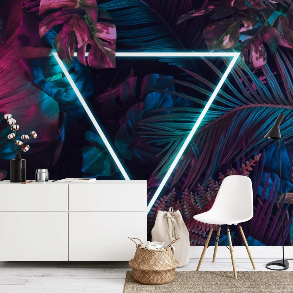 Vibrant Neon Pink and Blue Tropical Leaves with a Centered Triangle Light - Self-Adhesive Peel and Stick Geometric Wallpaper with Botanical Flair