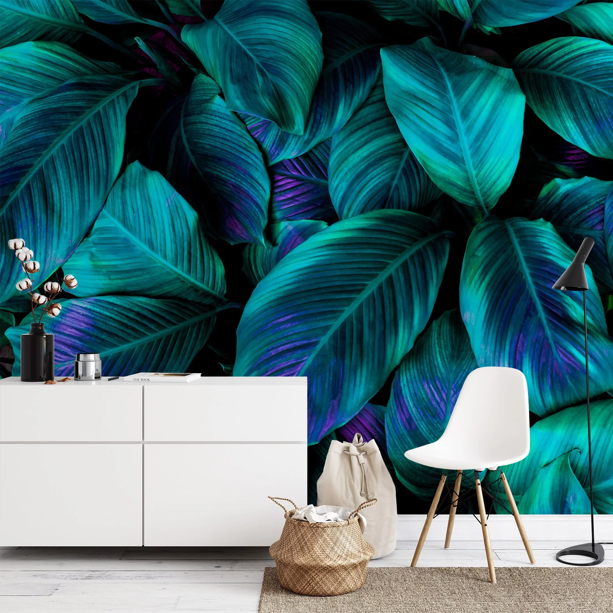 Lush Tropical Green Cannifolium Leaves with a Pop of Purple Highlights - Self-Adhesive Peel and Stick Nature Wallpaper for a Bold and Beautiful Space