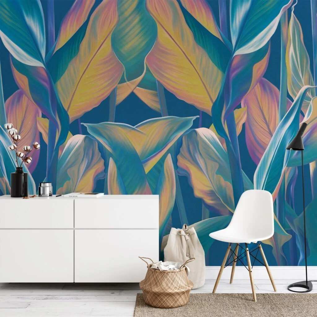 Escape to an Exotic Paradise with Blue-Toned Tropical Leaves Pattern - Self-Adhesive Peel and Stick Colorful Leaf Wallpaper in Shades of Blue for a Calming Atmosphere