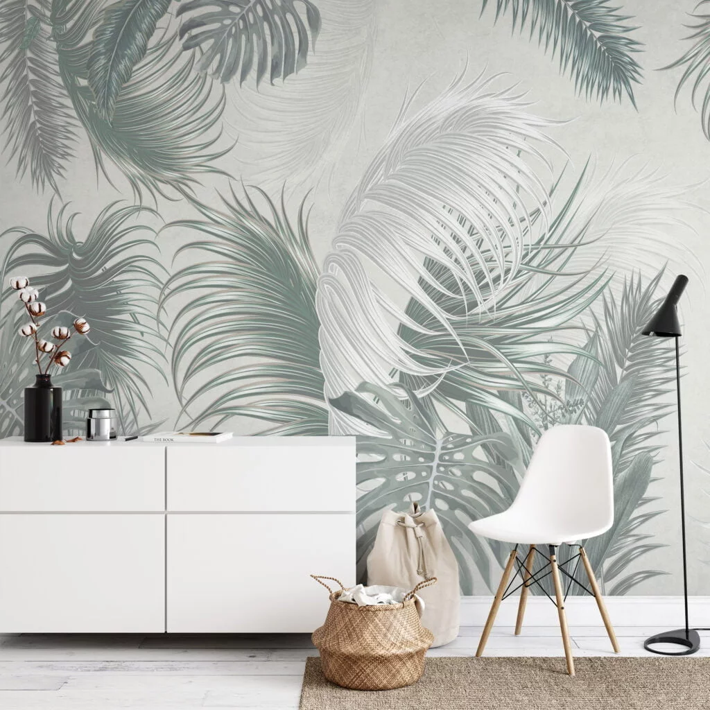 Create a Relaxing Oasis with Muted Green Colored Tropical Leaves on a Light Green Background - Self Adhesive Modern Wall Mural