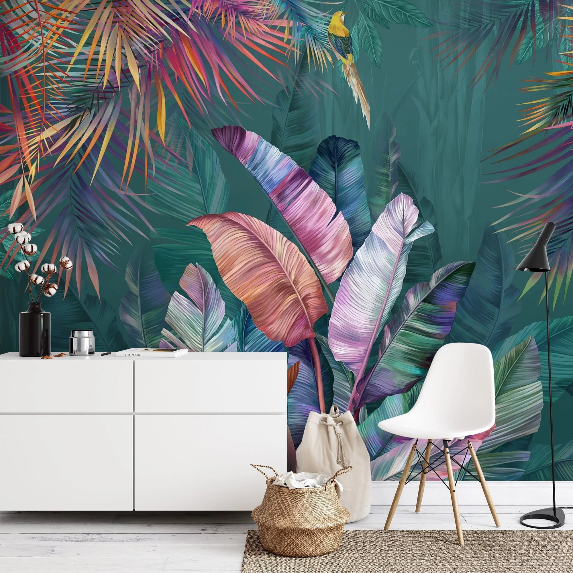 Tropical Paradise: Dark Green Leaf Wallpaper with Colorful Leaves and Self-Adhesive Design