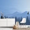Serene Blue Hues Mountains and Trees Illustration Wallpaper for a Tranquil and Minimalist Space