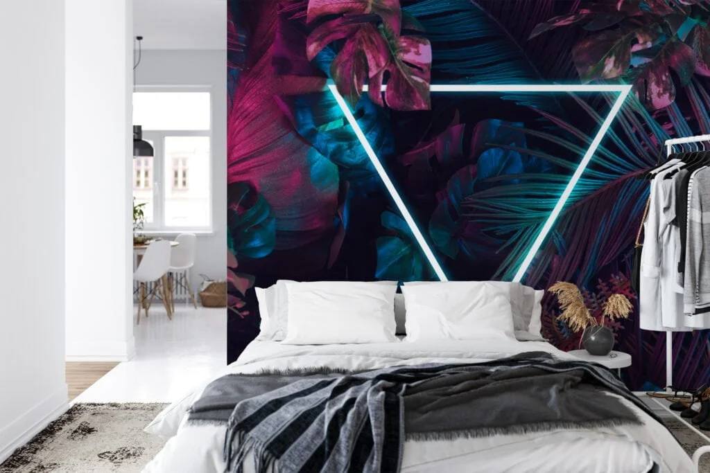 Vibrant Neon Pink and Blue Tropical Leaves with a Centered Triangle Light - Self-Adhesive Peel and Stick Geometric Wallpaper with Botanical Flair