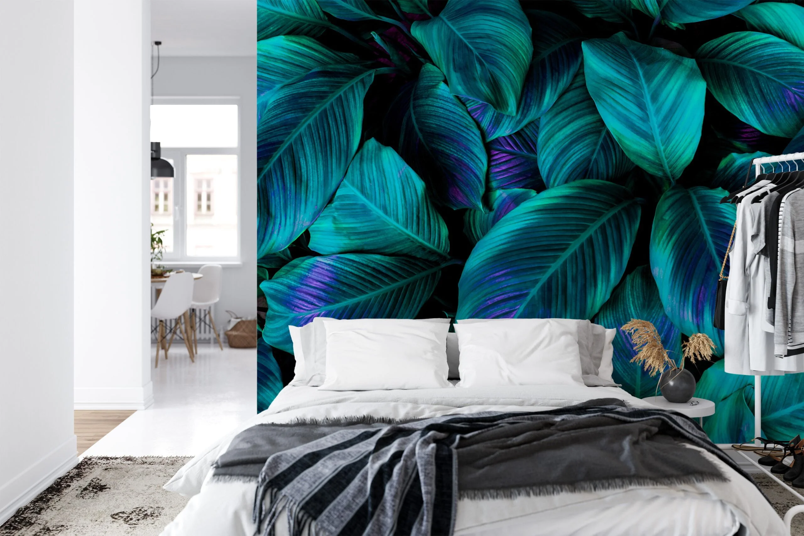 Lush Tropical Green Cannifolium Leaves with a Pop of Purple Highlights - Self-Adhesive Peel and Stick Nature Wallpaper for a Bold and Beautiful Space