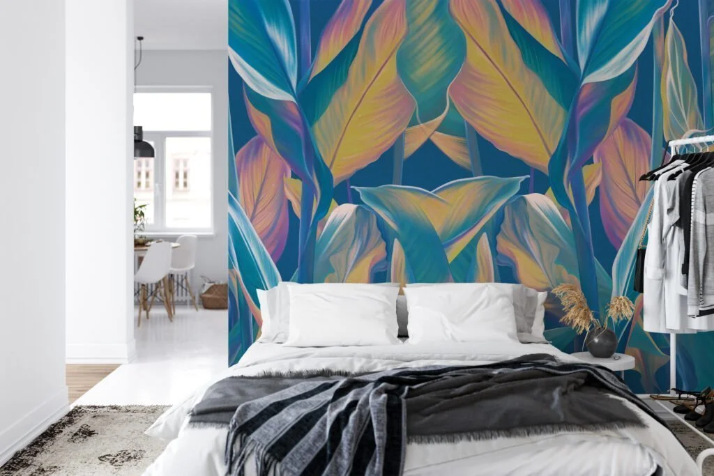 Escape to an Exotic Paradise with Blue-Toned Tropical Leaves Pattern - Self-Adhesive Peel and Stick Colorful Leaf Wallpaper in Shades of Blue for a Calming Atmosphere