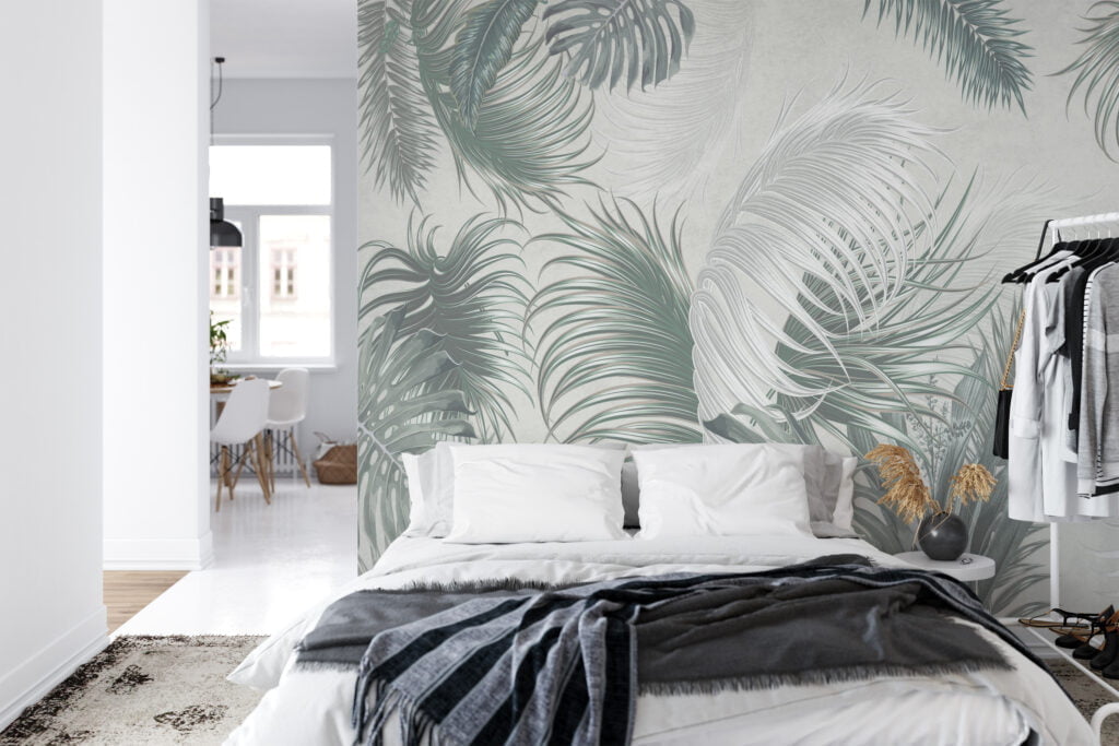 Create a Relaxing Oasis with Muted Green Colored Tropical Leaves on a Light Green Background - Self Adhesive Modern Wall Mural