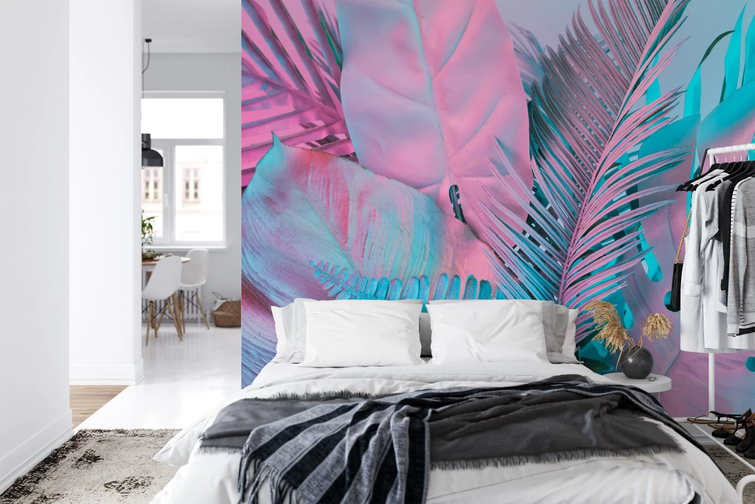 Colorful Tropical Palm Leaves in Bubble Pink and Blue - Self-Adhesive Peel and Stick Wallpaper for a Vibrant Bathroom or Any Room