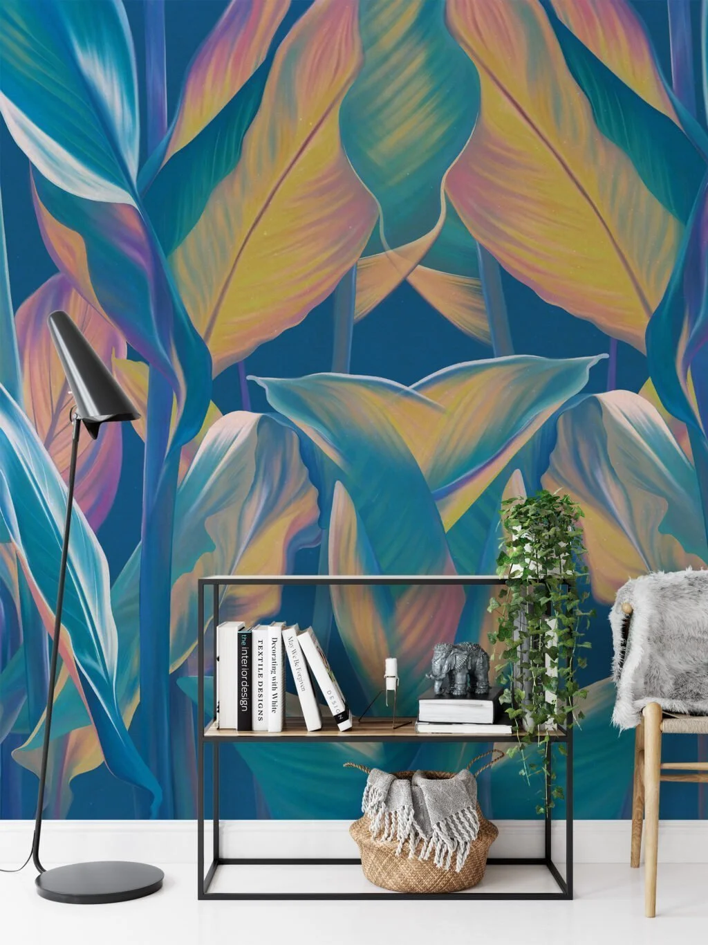 Escape to an Exotic Paradise with Blue-Toned Tropical Leaves Pattern - Self-Adhesive Peel and Stick Colorful Leaf Wallpaper in Shades of Blue for a Calming Atmosphere