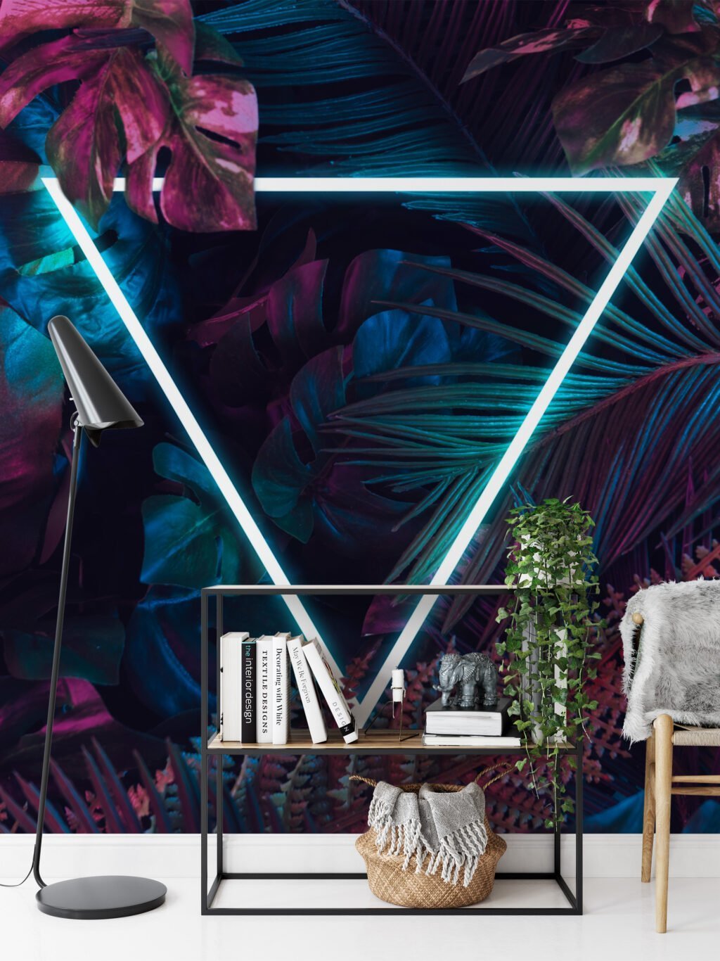 Vibrant Neon Pink and Blue Tropical Leaves with a Centered Triangle Light - Self-Adhesive Peel and Stick Geometric Wallpaper with Botanical Flair