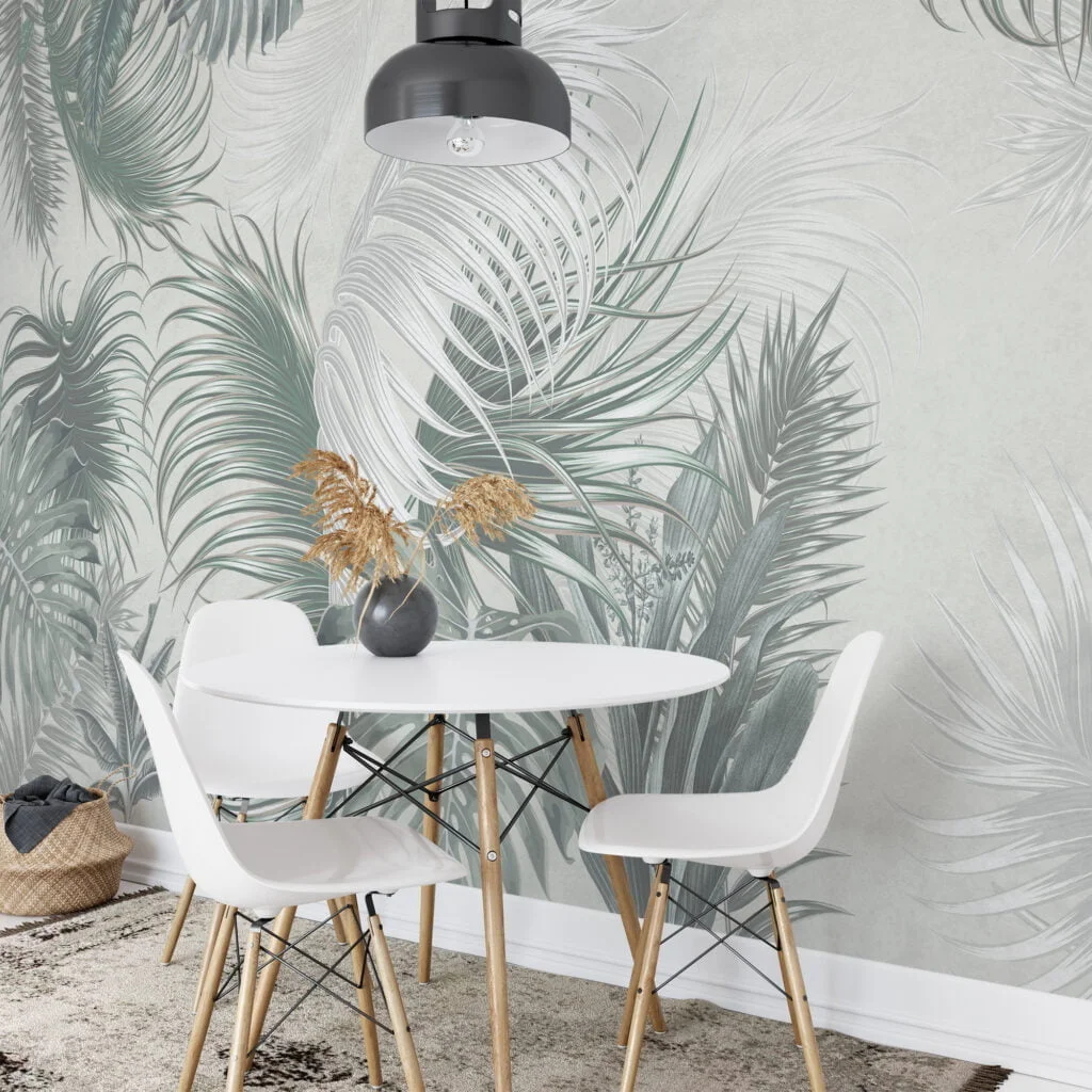 Create a Relaxing Oasis with Muted Green Colored Tropical Leaves on a Light Green Background - Self Adhesive Modern Wall Mural