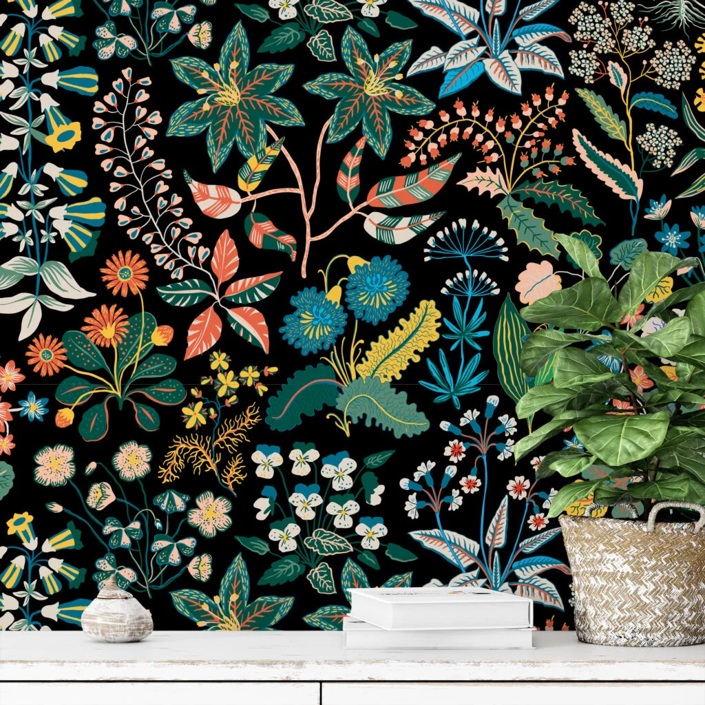 Elegant Flat Style Floral Pattern on Dark Background Wallcovering for a Bold Statement