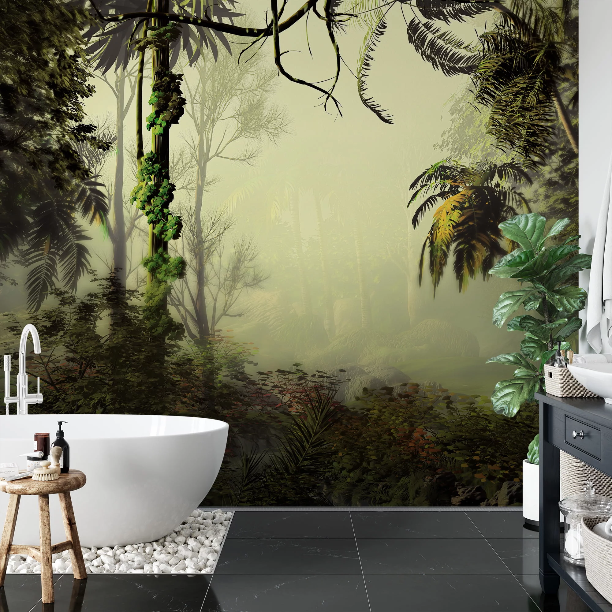 Elegant Misty Green Jungle Wallcovering with Lush Palm Trees and Forest Background for a Serene Atmosphere