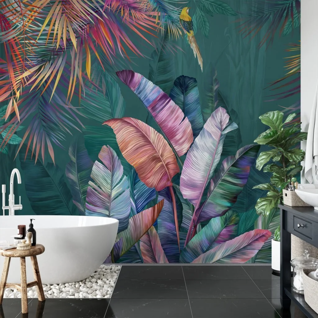 Tropical Paradise: Dark Green Leaf Wallpaper with Colorful Leaves and Self-Adhesive Design