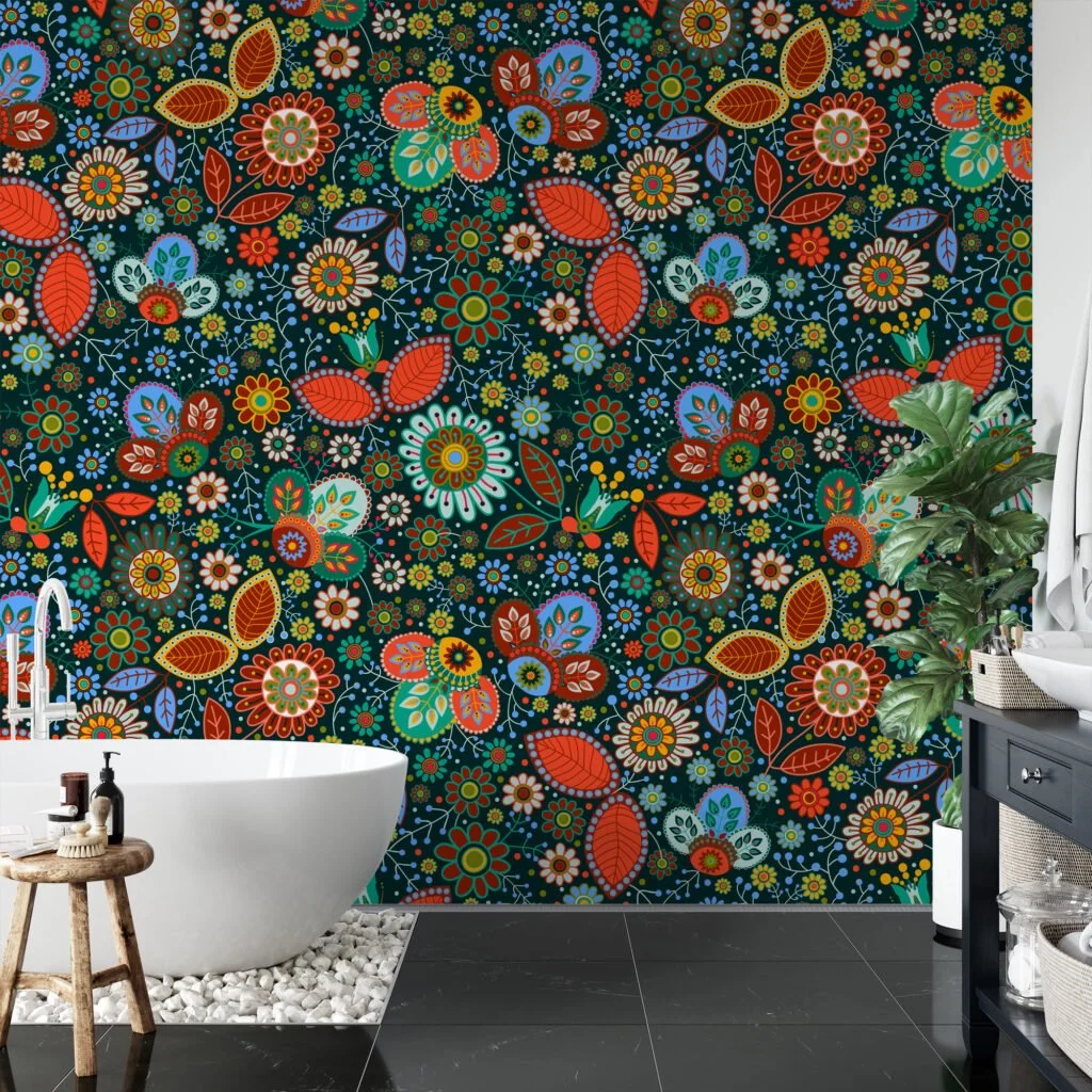 Colorful Flowers in Traditional Style Wallpaper - Floral Illustration with Multiple Colors and Textures Wall Mural