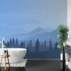 Serene Blue Hues Mountains and Trees Illustration Wallpaper for a Tranquil and Minimalist Space