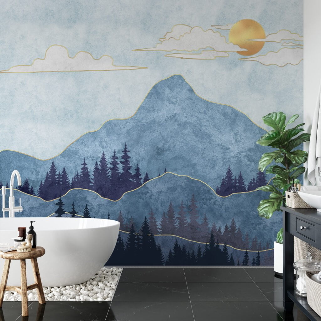 Abstract Blue Mountains with Textured Stone Wallpaper for a Modern and Chic Home Ambiance