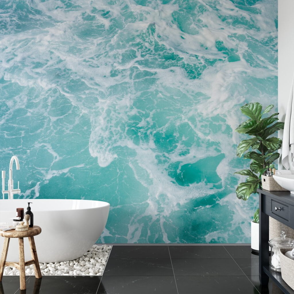 Refreshing Aqua Ocean with Sea Foam Wallpaper for a Calming and Tranquil Home Ambiance