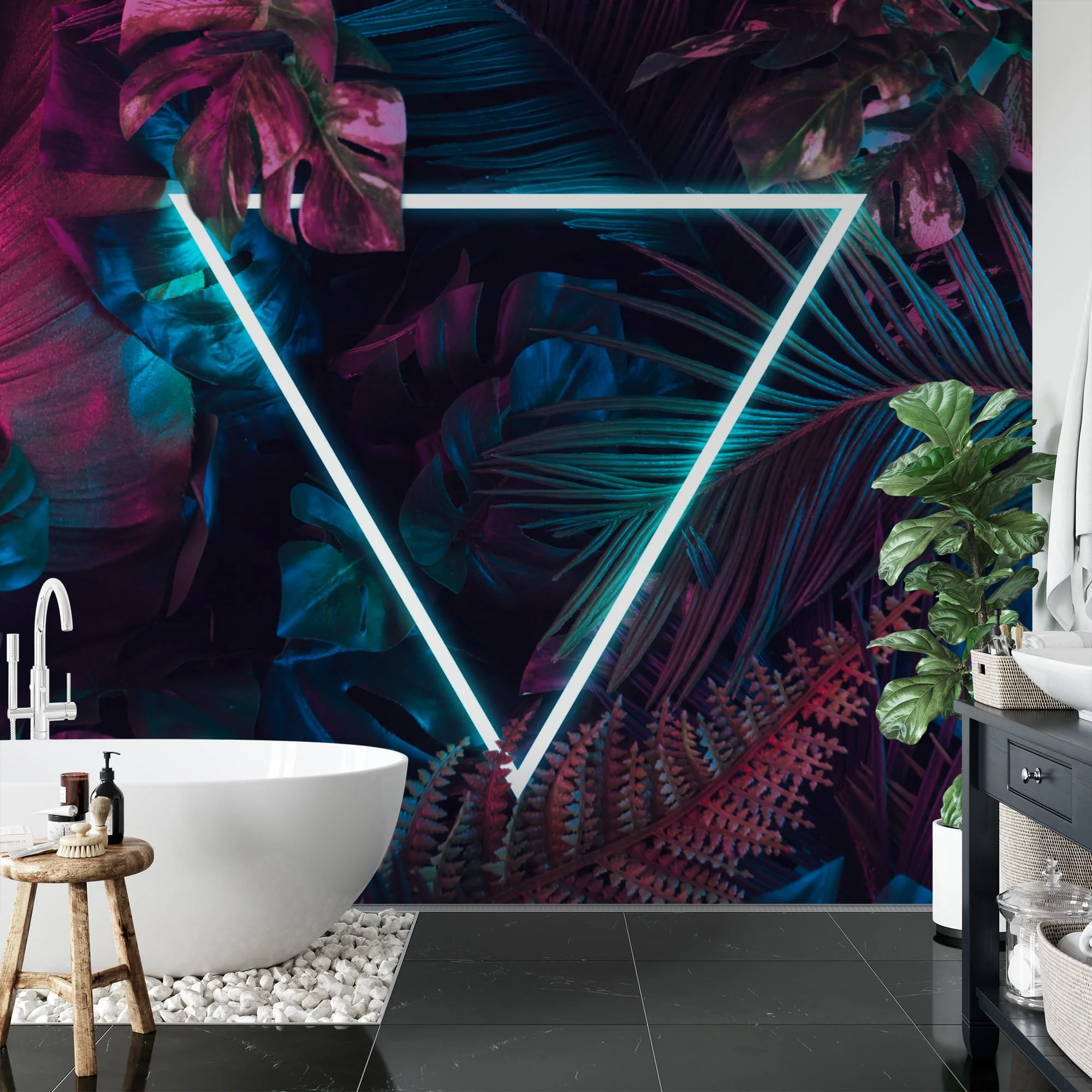 Vibrant Neon Pink and Blue Tropical Leaves with a Centered Triangle Light - Self-Adhesive Peel and Stick Geometric Wallpaper with Botanical Flair