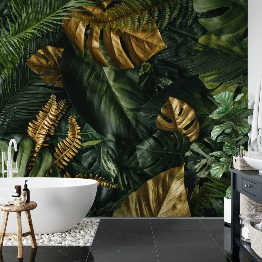 Vibrant Golden and Green Tropical Leaves on Jungle Background - Self-Adhesive Peel and Stick Botanical Wallpaper to Create a Lush Escape