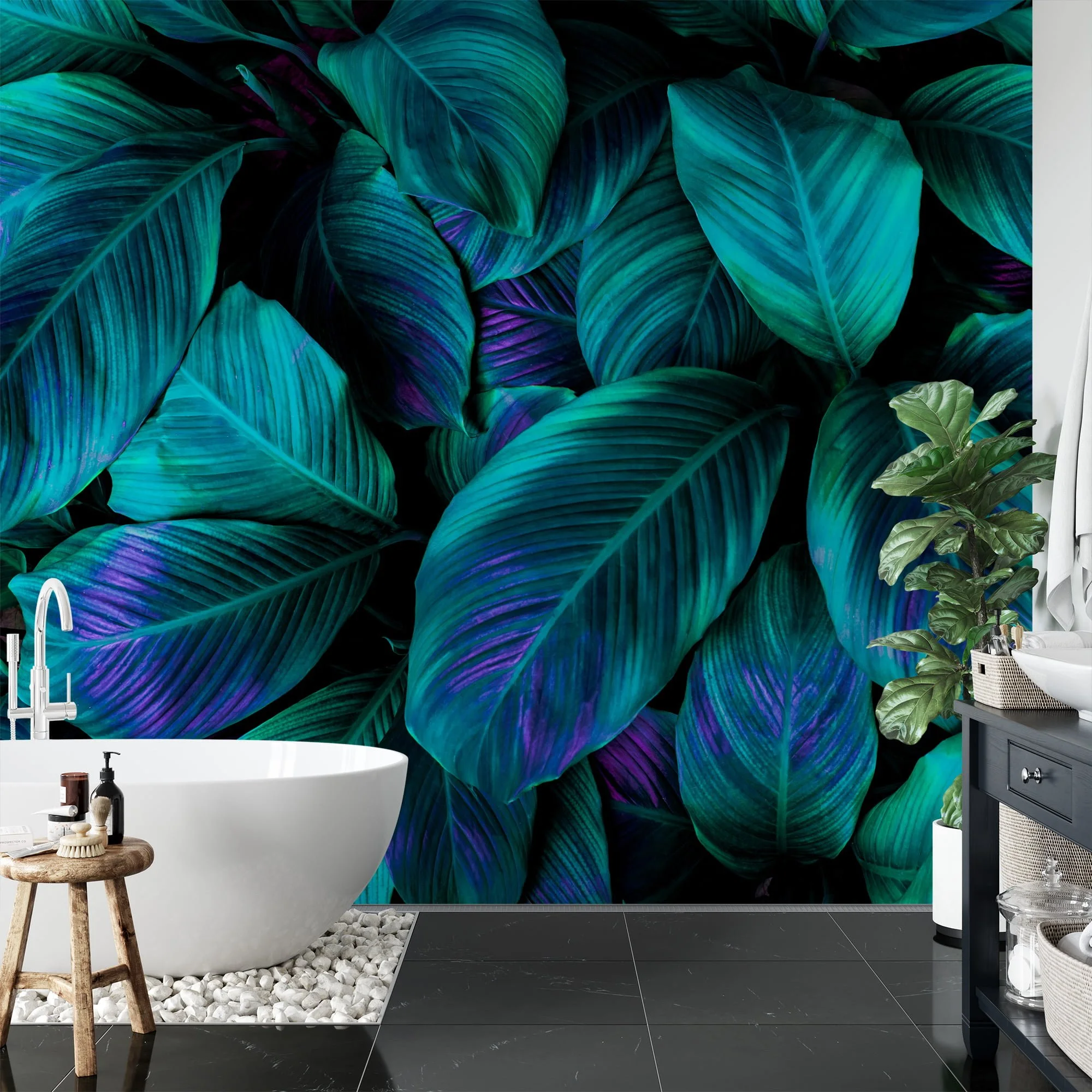 Lush Tropical Green Cannifolium Leaves with a Pop of Purple Highlights - Self-Adhesive Peel and Stick Nature Wallpaper for a Bold and Beautiful Space