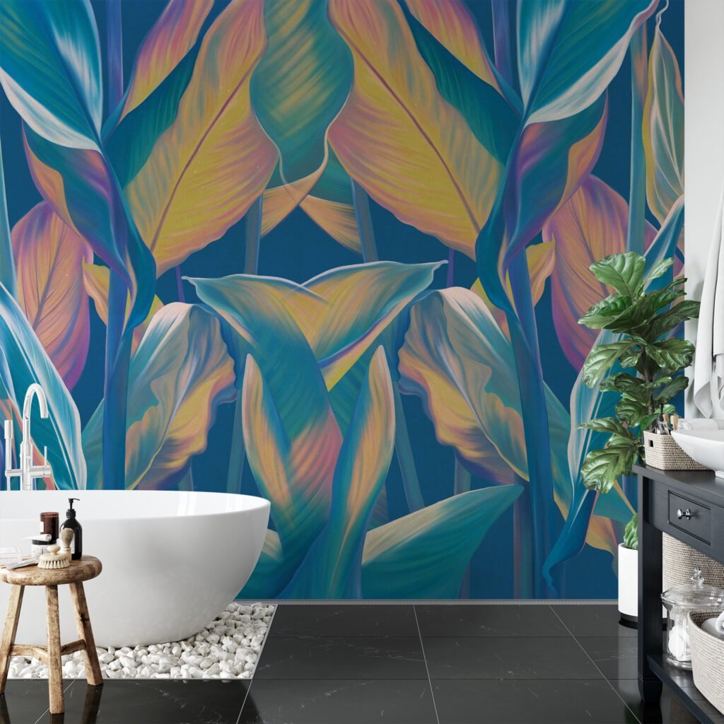 Escape to an Exotic Paradise with Blue-Toned Tropical Leaves Pattern - Self-Adhesive Peel and Stick Colorful Leaf Wallpaper in Shades of Blue for a Calming Atmosphere