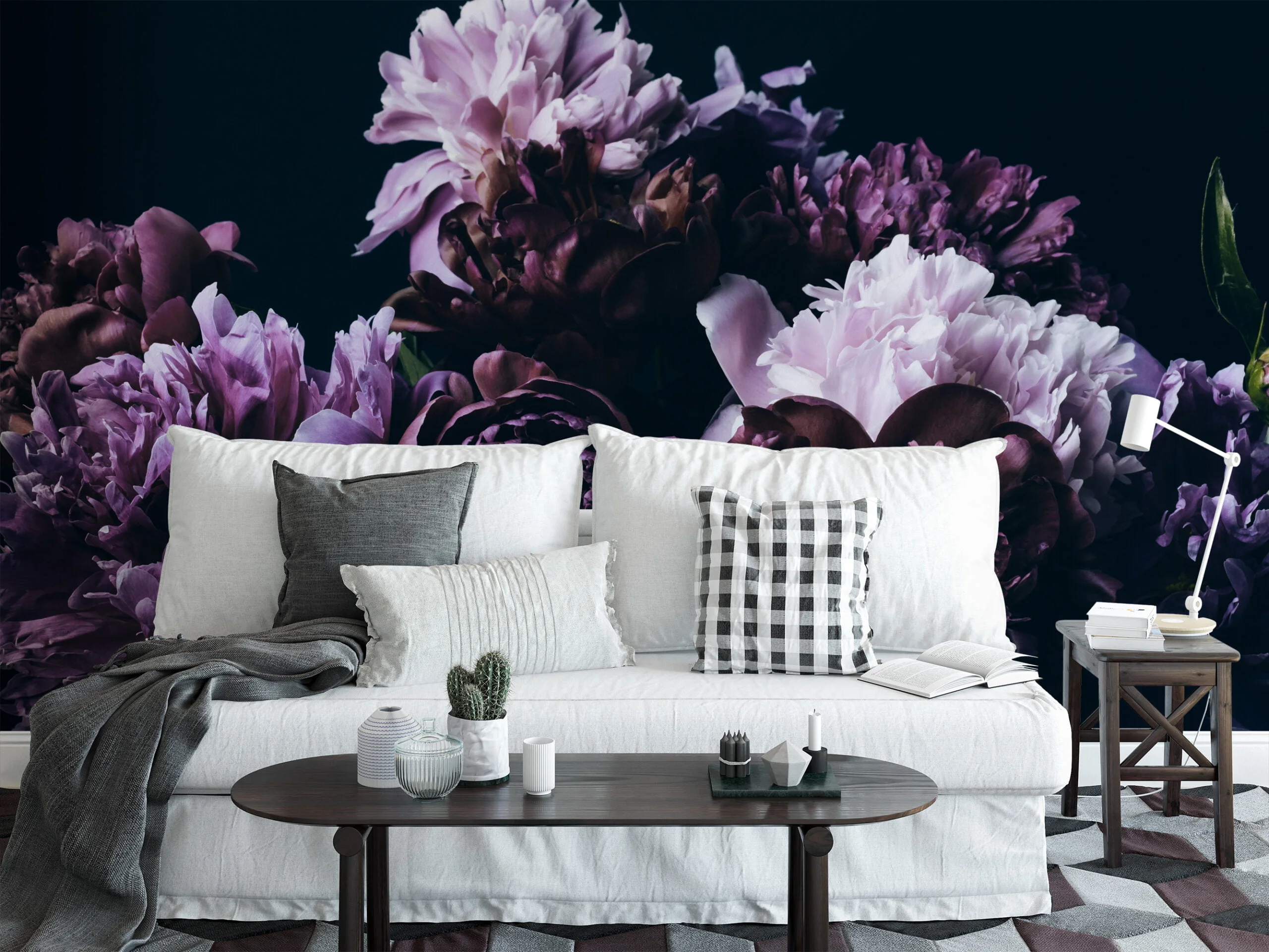 Elegant Large Violet Peonies on Black Background Wallpaper, Removable Self Adhesive Peel and Stick Wall Mural, Sophisticated Floral Print for a Modern Look