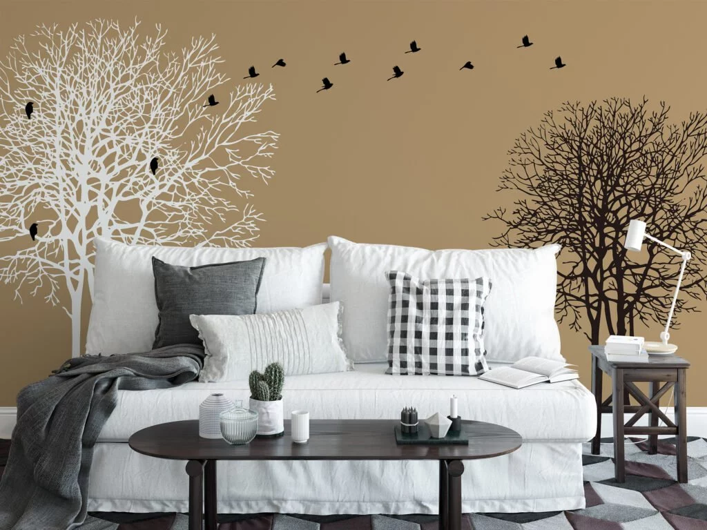 Peel and Stick Minimalist Trees and Birds Wallpaper with Customizable Sizes and Removable Properties for Modern Wall Decor in Living Rooms or Bedrooms