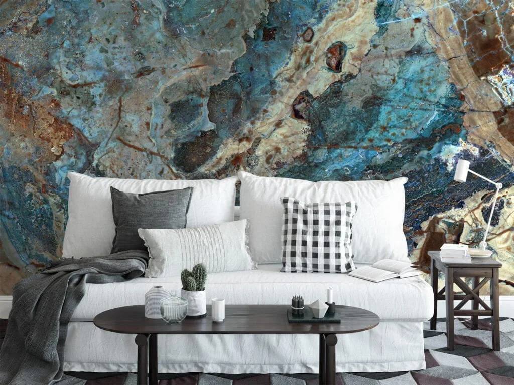 Stone Marble Texture Removable Wallpaper with Turquoise and Brown - Easy to Install Peel & Stick Mural