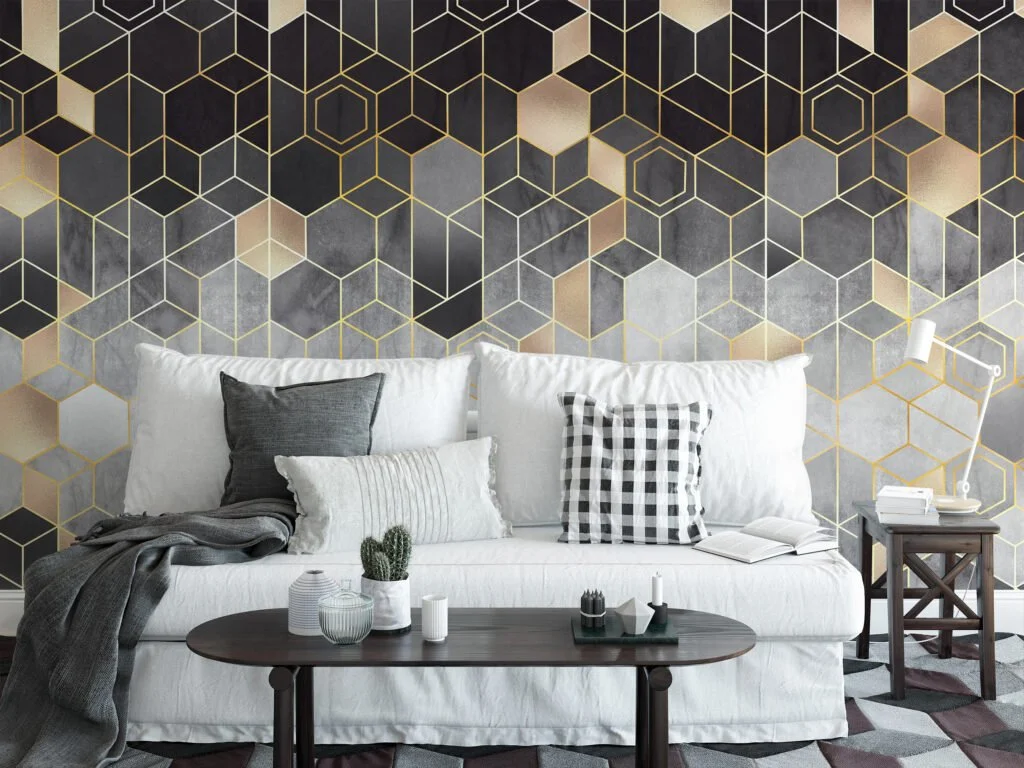 Geometric Black and Gold Hexagon Wallpaper - A Sophisticated Addition to Your Living Room, Bedroom, Bathroom, and Office Walls