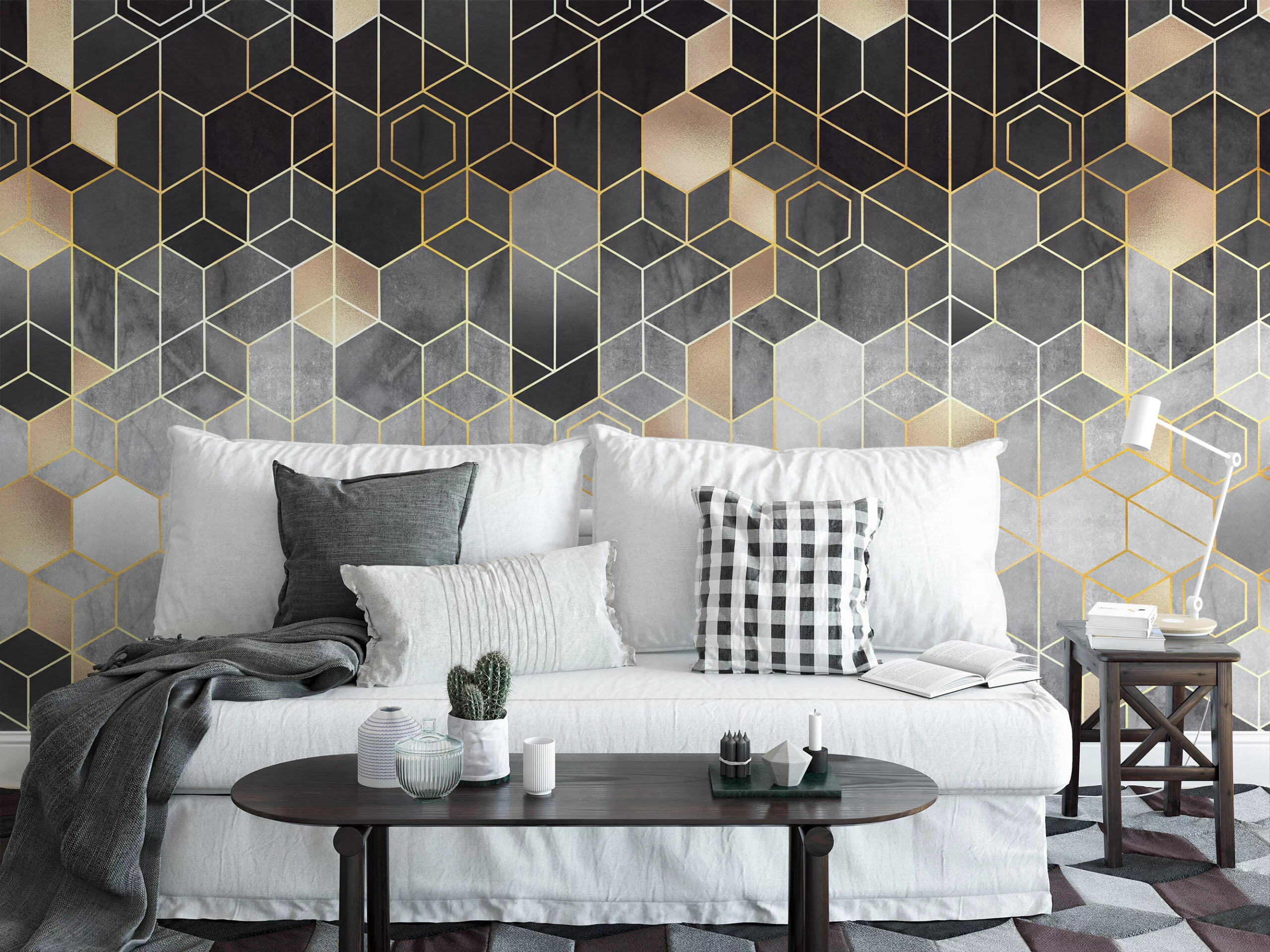 Geometric Black and Gold Hexagon Wallpaper - A Sophisticated Addition to Your Living Room, Bedroom, Bathroom, and Office Walls