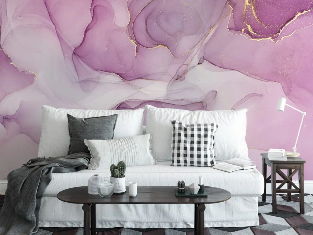 Marble Texture Wallpaper with Pink, Purple and Gold Veins - Self-Adhesive Peel & Stick Removable Wallpaper for Luxe Interiors