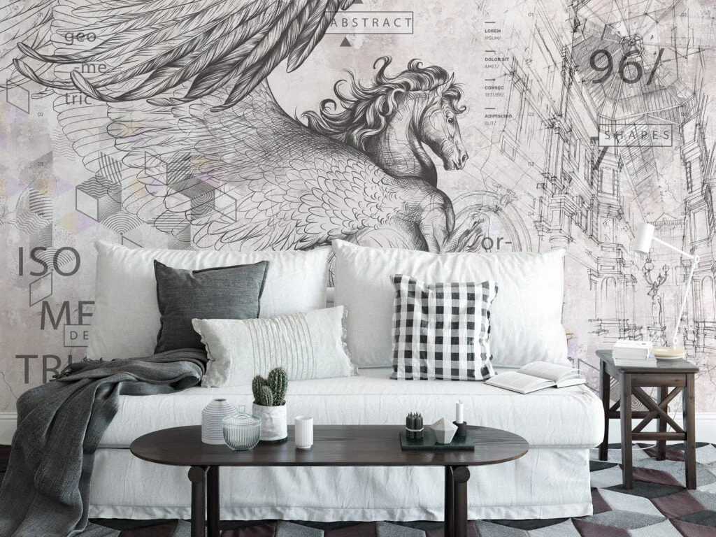 Abstract and Geometric Pegasus Wallpaper, Peel and Stick Temporary Self Adhesive Wall Mural, Modern Abstract Artistic Design