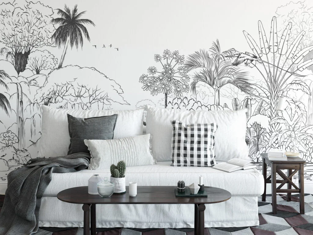 Jungle with Palm Trees Line Art Wallpaper, Hand-drawn and Chic Self Adhesive Wall Mural, Peel and Stick Removable Wallpaper for Nature-lovers