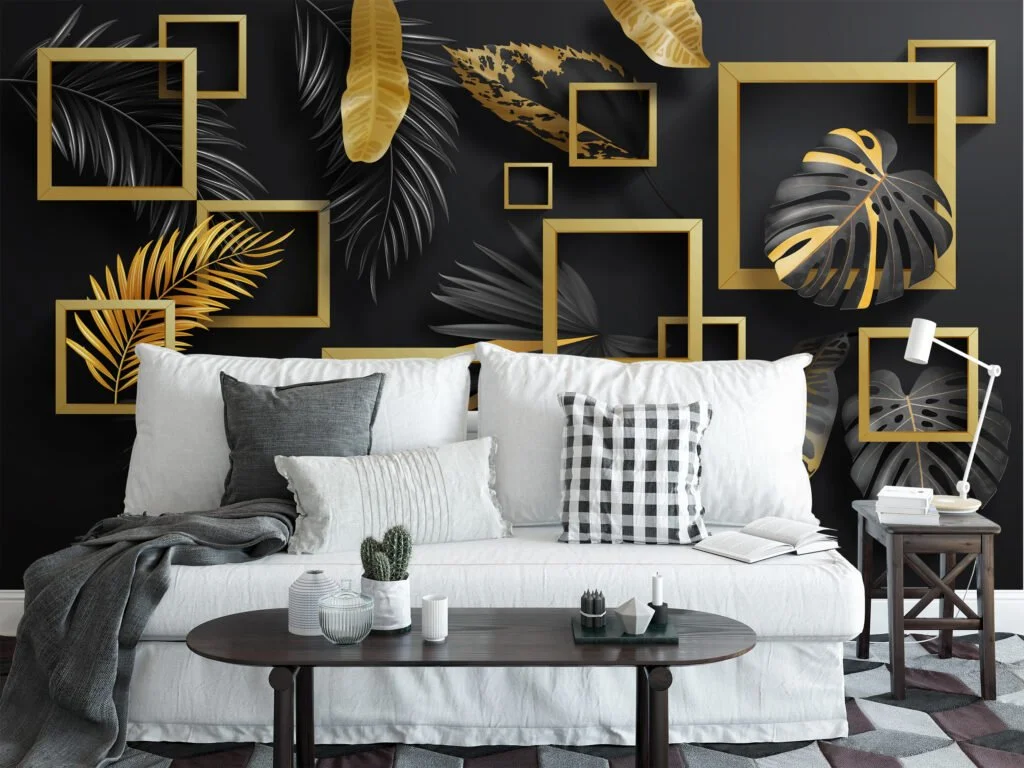 Geometric Black And Gold Leaves Wallpaper, Bold and Elegant Peel and Stick Wall Mural, Self Adhesive Removable Wallpaper for Modern Home Decor