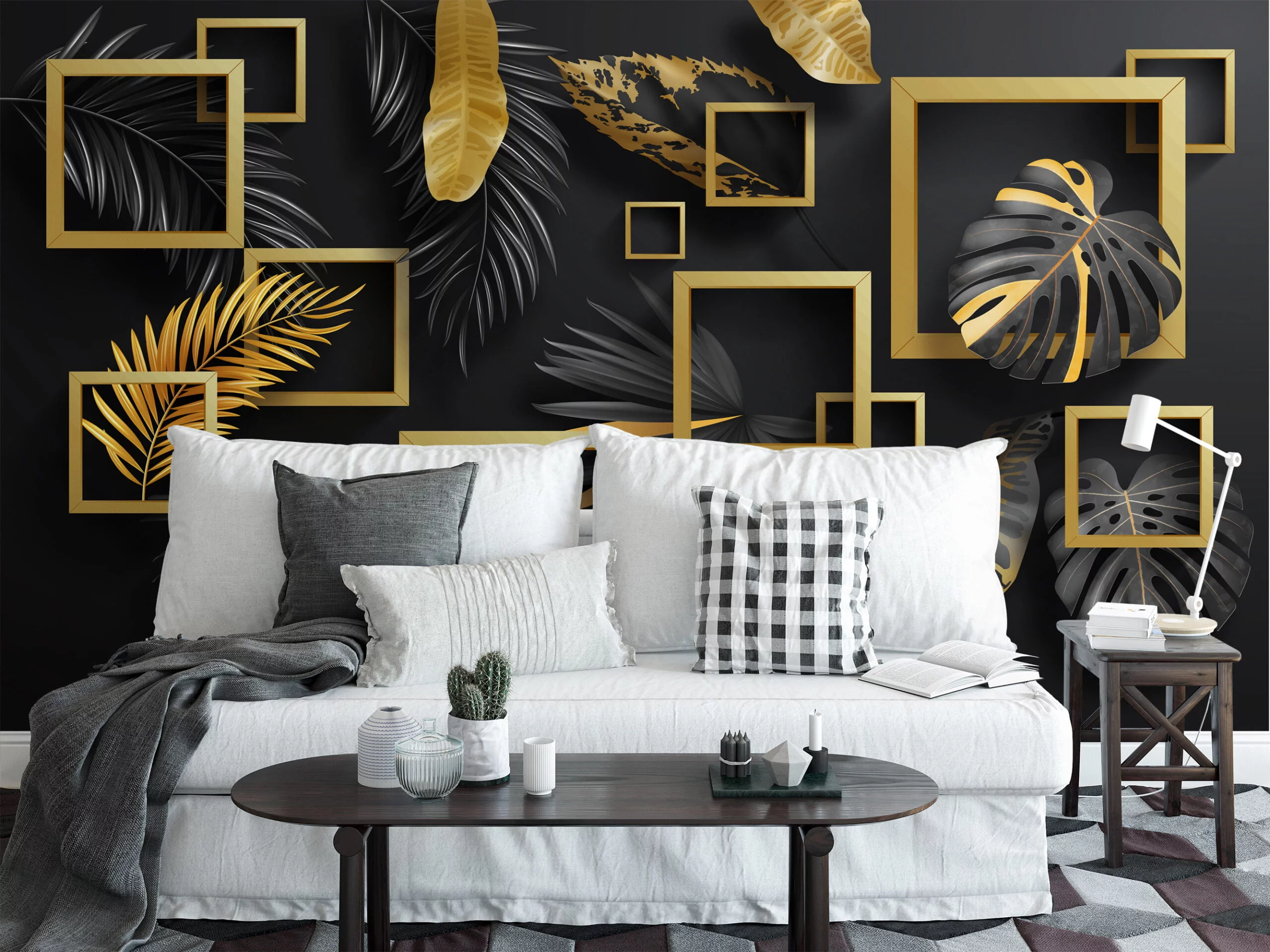 Geometric Black And Gold Leaves Wallpaper, Bold and Elegant Peel and Stick Wall Mural, Self Adhesive Removable Wallpaper for Modern Home Decor