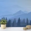 Serene Blue Hues Mountains and Trees Illustration Wallpaper for a Tranquil and Minimalist Space