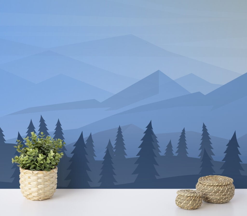 Serene Blue Hues Mountains and Trees Illustration Wallpaper for a Tranquil and Minimalist Space