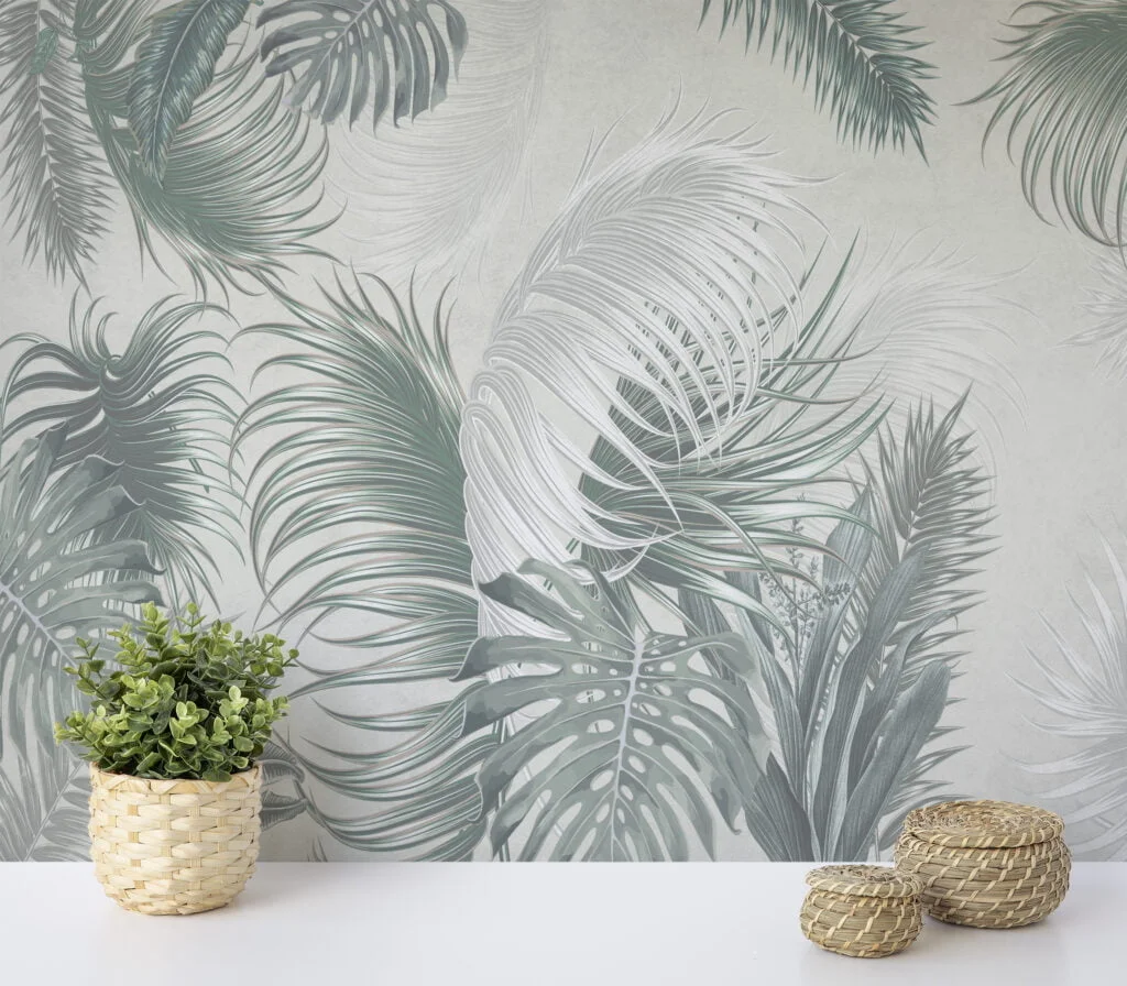 Create a Relaxing Oasis with Muted Green Colored Tropical Leaves on a Light Green Background - Self Adhesive Modern Wall Mural