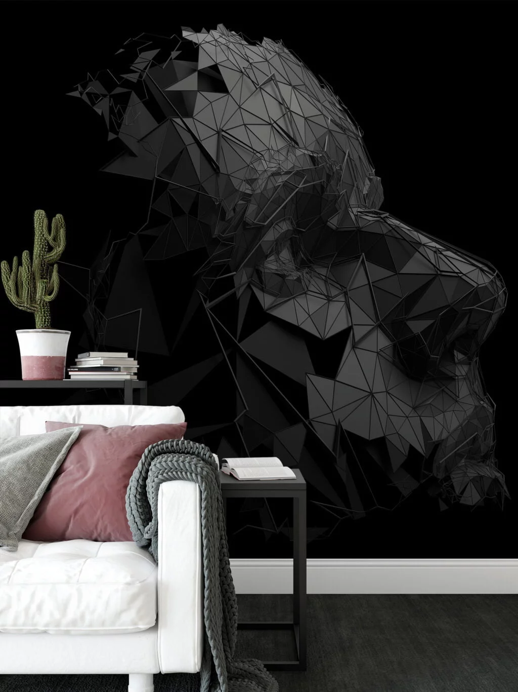 Dark Polygonal Face Structure Wallpaper with Self-Adhesive Backing, Customizable Sizes, and Removable & Reusable Properties for Modern Wall Decor