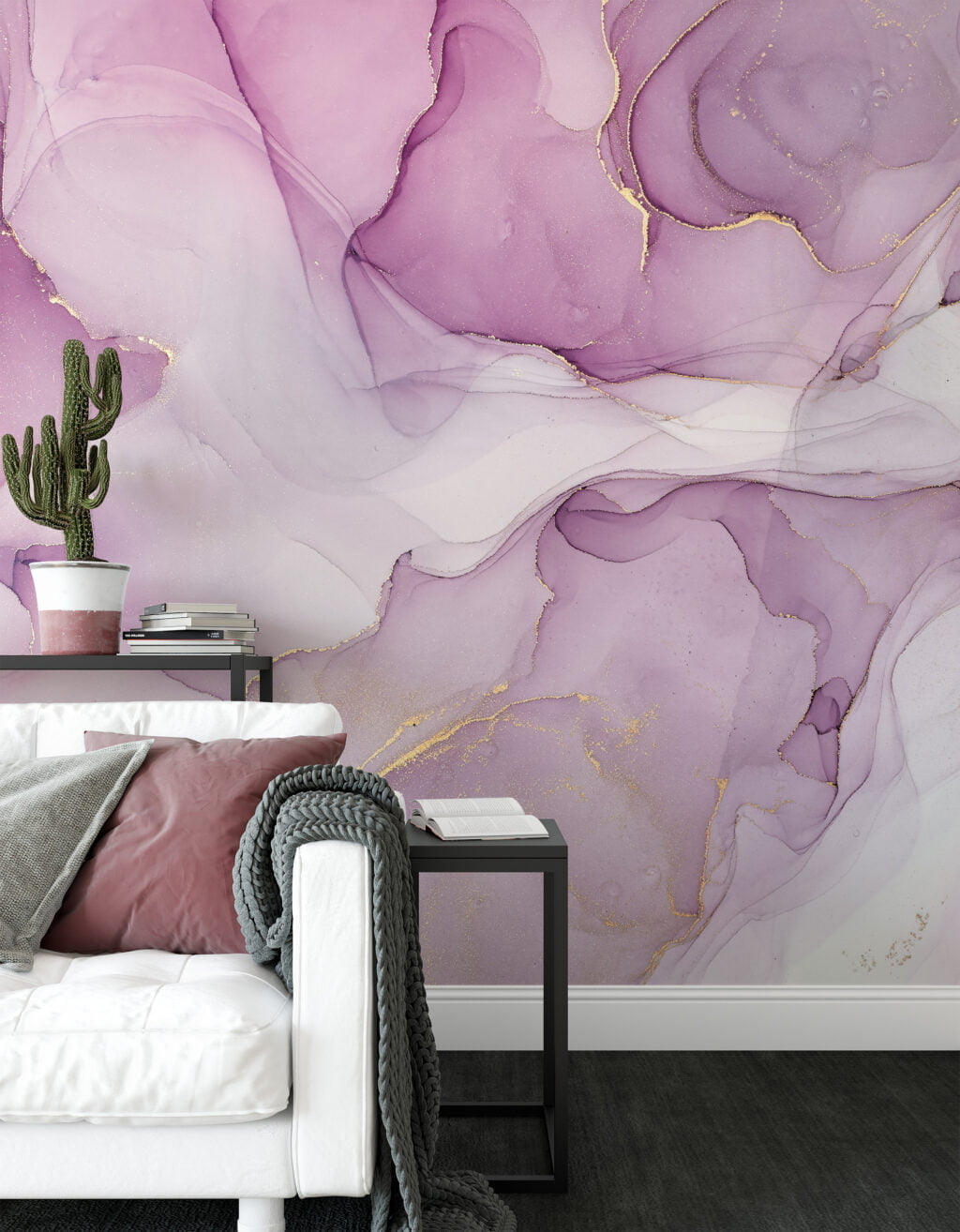 Marble Texture Wallpaper with Pink, Purple and Gold Veins - Self-Adhesive Peel & Stick Removable Wallpaper for Luxe Interiors