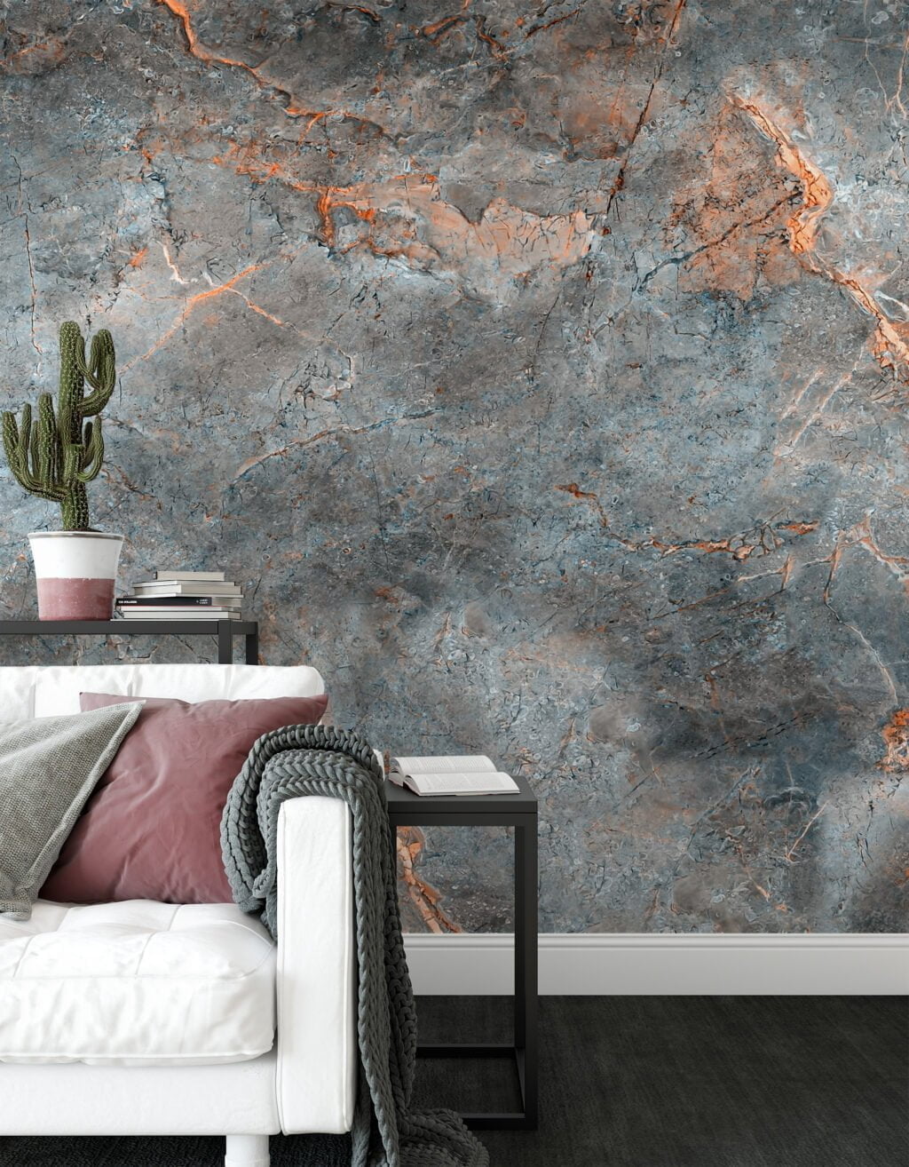 Create an Artistic Focal Point with Stone Marble Texture with Orange Cracks Wallpaper, a Peel & Stick Self Adhesive Wall Mural that Adds Vibrancy to Your Space