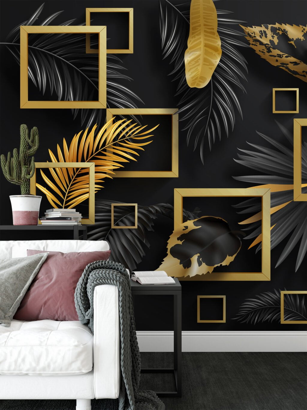 Geometric Black And Gold Leaves Wallpaper, Bold and Elegant Peel and Stick Wall Mural, Self Adhesive Removable Wallpaper for Modern Home Decor