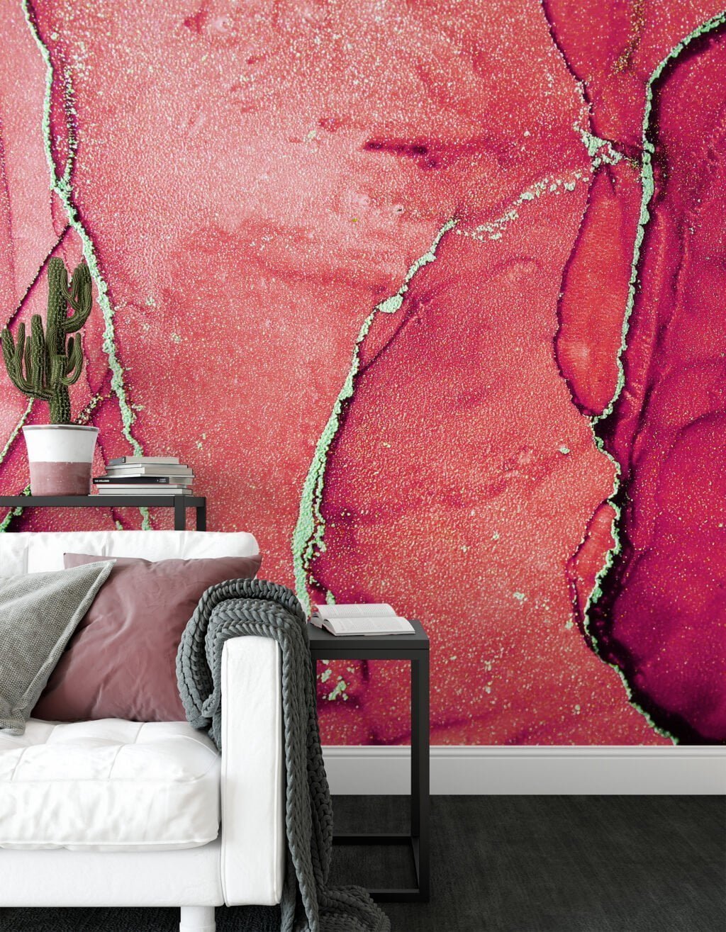 Dramatic Red Toned Marble Texture Wallpaper with Gilded Cracks, Peel & Stick Red Gold Marble Wall Mural