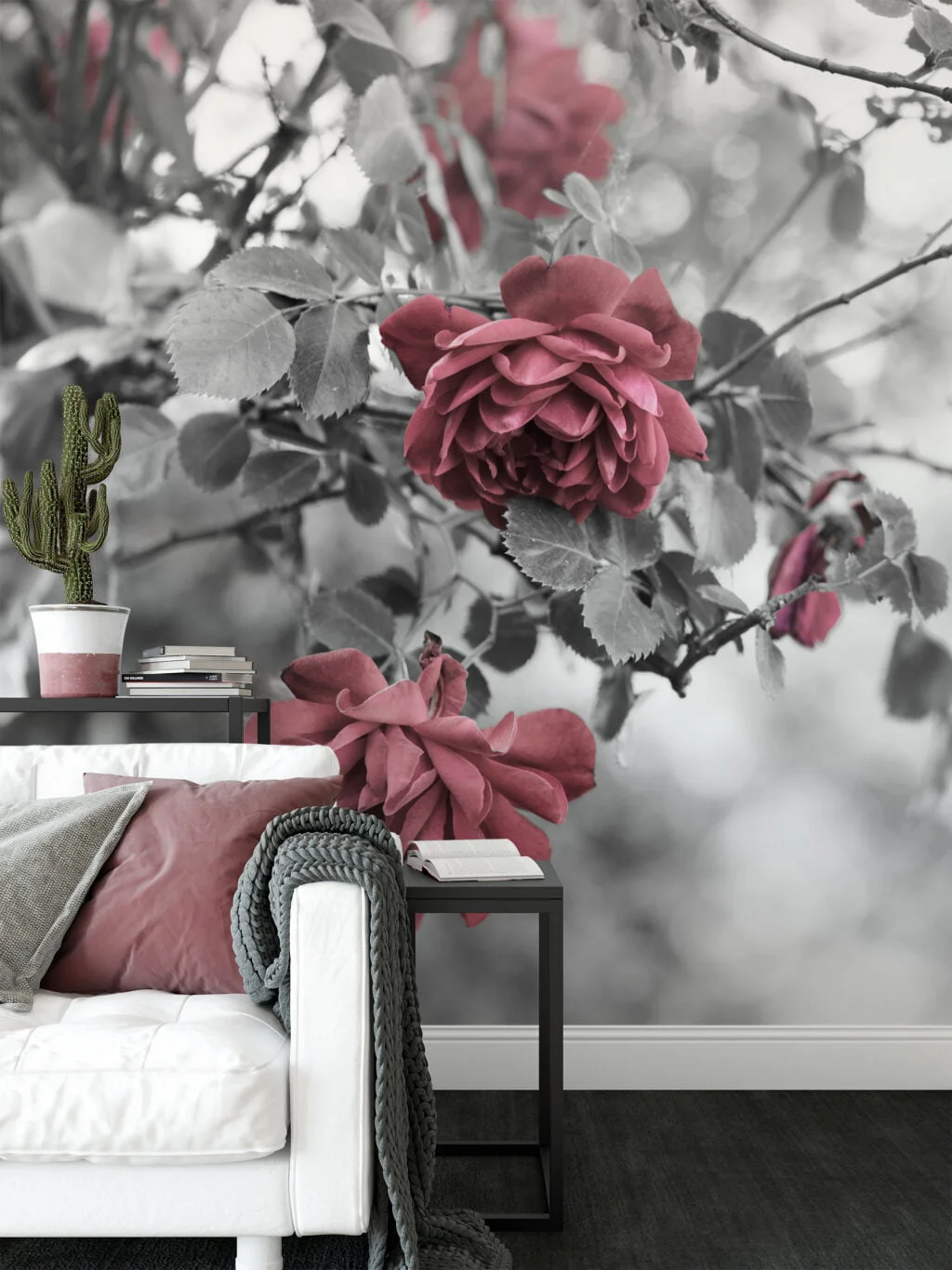 Greyscaled Red Flowers Wallpaper, Moody and Dramatic Peel and Stick Wall Mural, Self Adhesive Removable Wallpaper for a Contemporary and Edgy Look