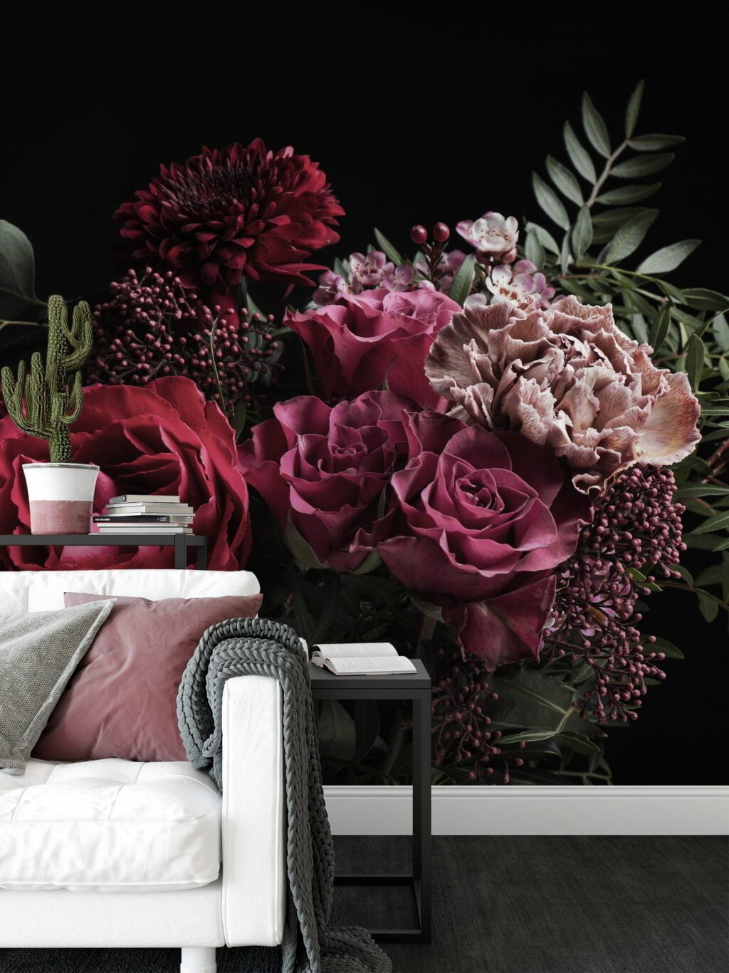 Chic and Stylish Dark Themed Rose Bouquet Wallpaper, Peel and Stick Removable Wall Mural, Self Adhesive Floral Pattern