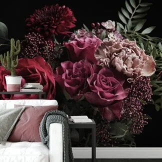 Chic and Stylish Dark Themed Rose Bouquet Wallpaper, Peel and Stick Removable Wall Mural, Self Adhesive Floral Pattern