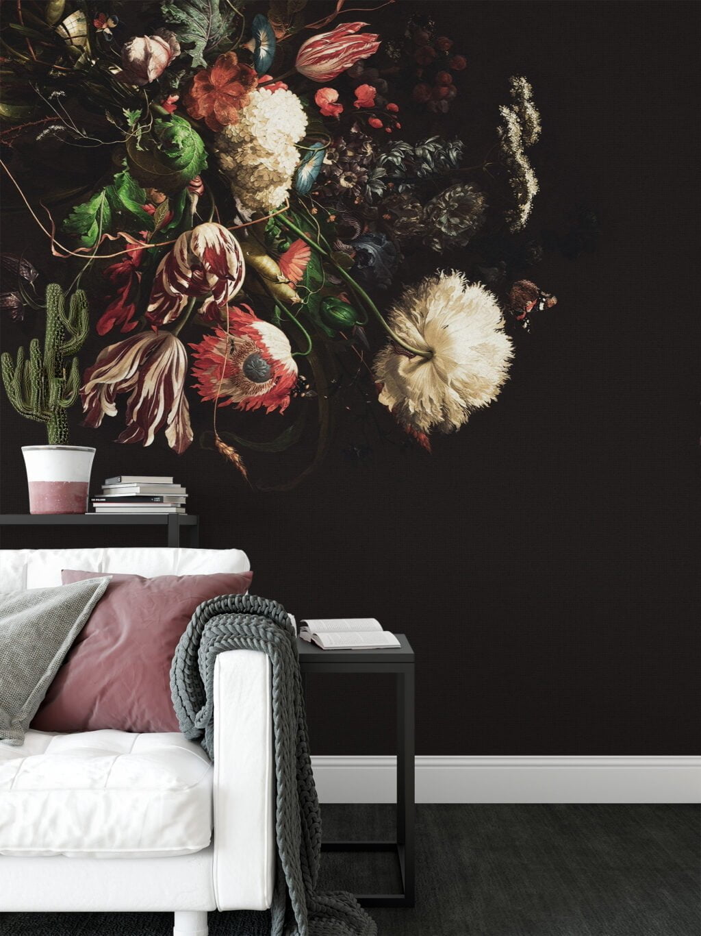 Elegant Vintage Bouquet on Dark Background Wallpaper, Peel and Stick Self Adhesive Removable Wall Mural, Retro Floral Pattern