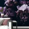 Elegant Large Violet Peonies on Black Background Wallpaper, Removable Self Adhesive Peel and Stick Wall Mural, Sophisticated Floral Print for a Modern Look